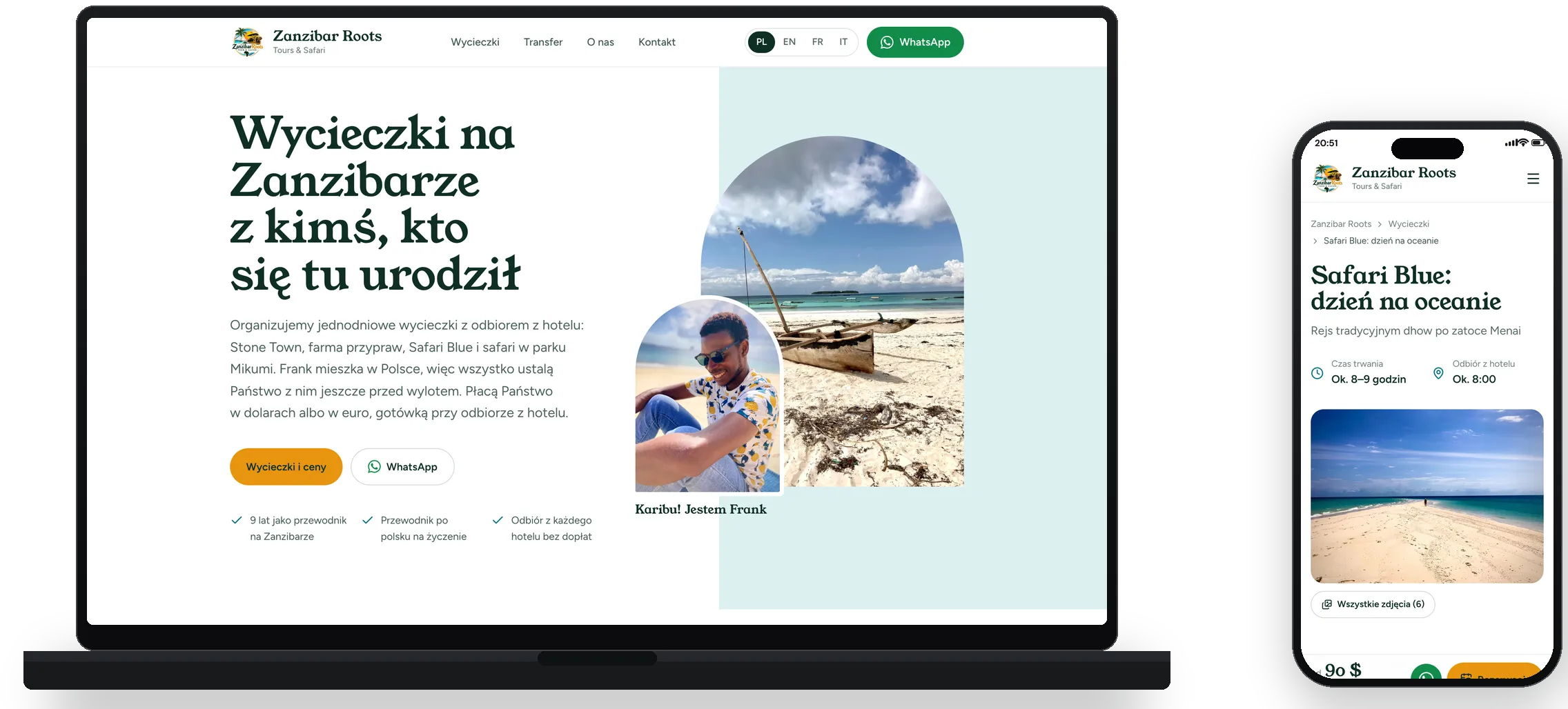 Strona Zanzibar Roots na laptopie i telefonie: strona główna z Frankiem na plaży i opis rejsu Safari Blue